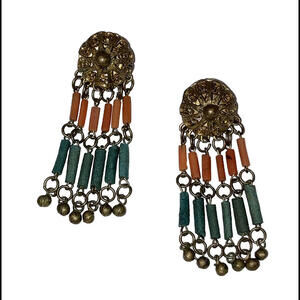 Egyptian Revival Red Coral Brass Faience Earrings